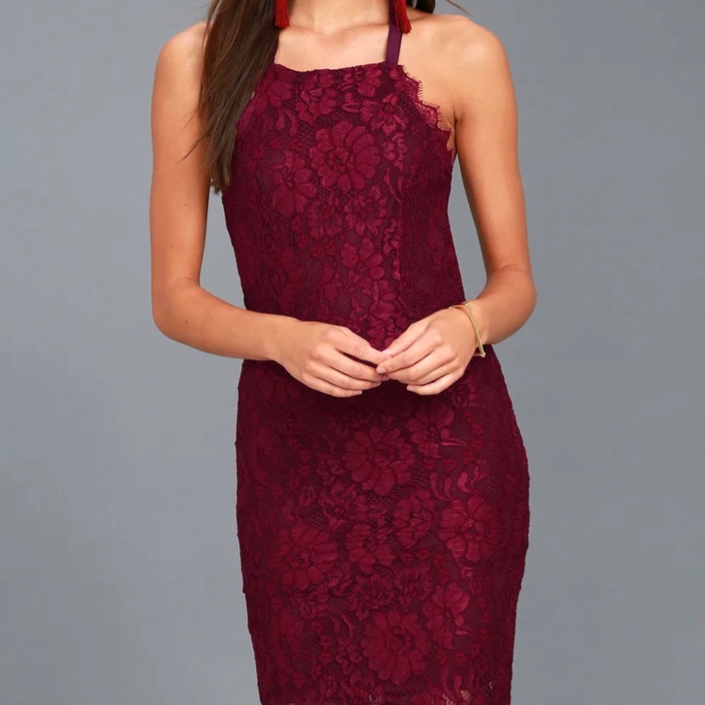 Lulus Wishful Wanderings Burgundy lace dress